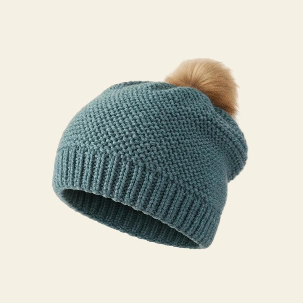 Bonnet laine yack bleu denim pompon fausse fourrure pièce unique - Madame de Marsac