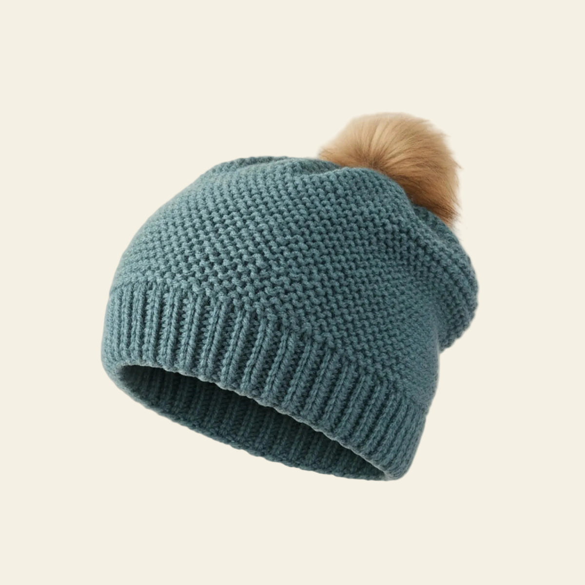 Bonnet laine yack bleu denim pompon fausse fourrure pièce unique - Madame de Marsac
