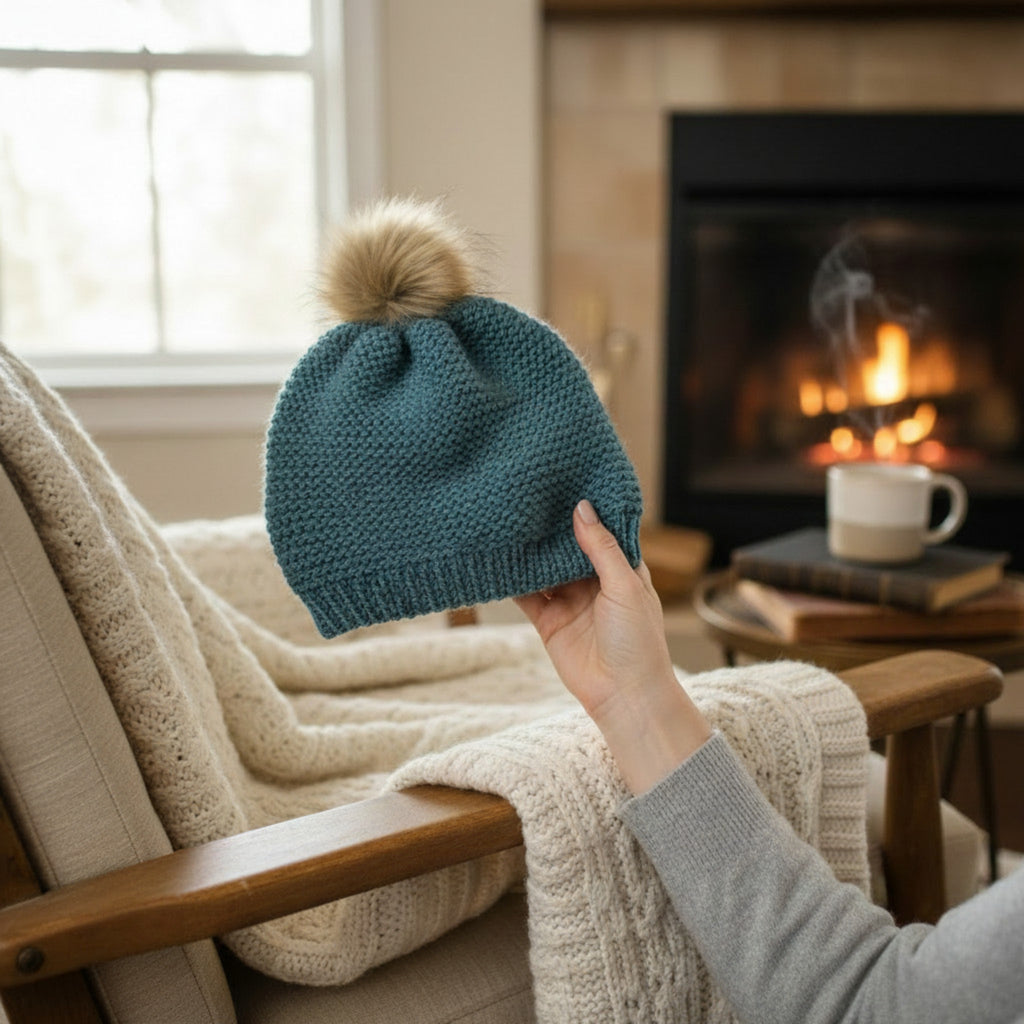 Bonnet laine yack bleu denim tenu devant cheminée - Madame de Marsac