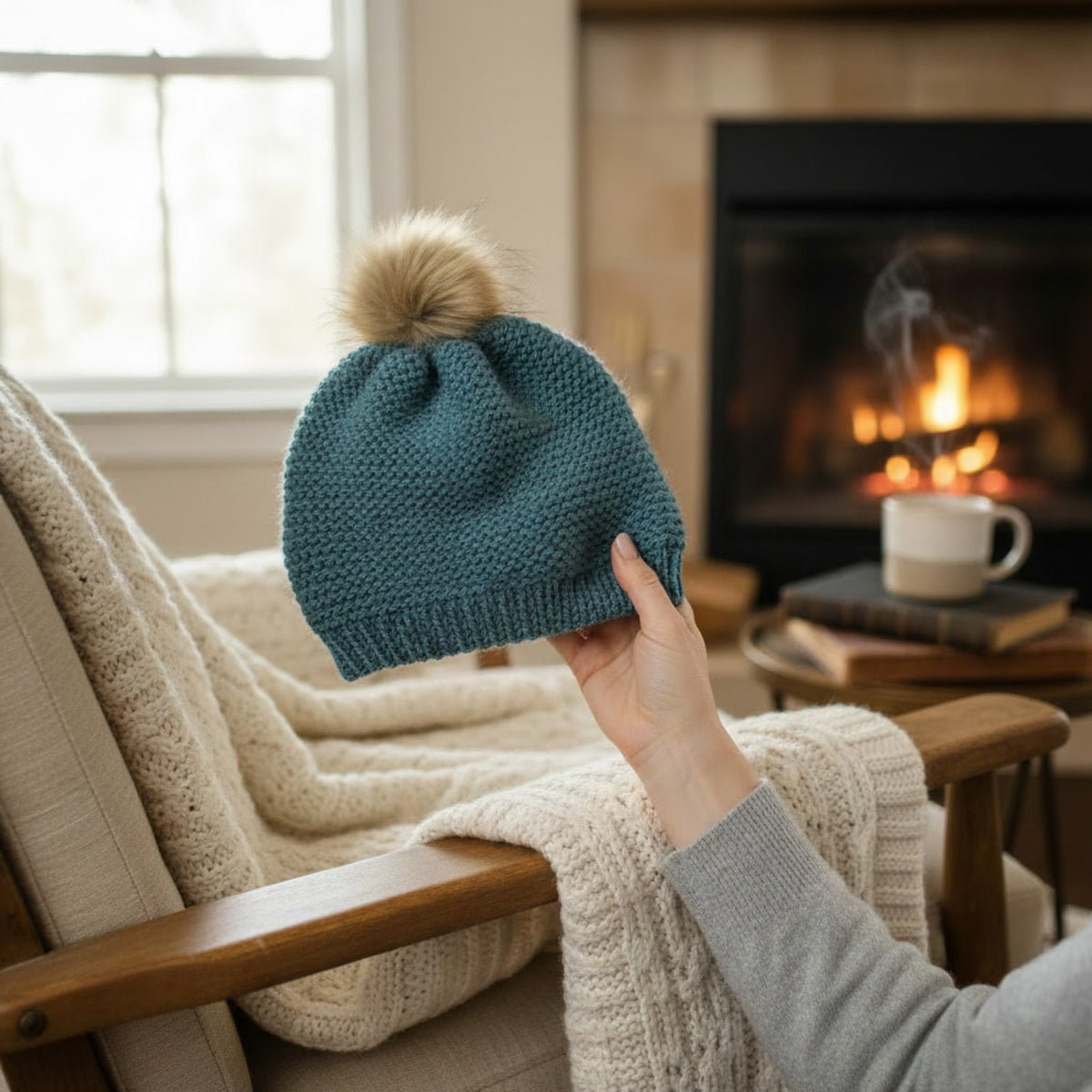 Bonnet laine yack bleu denim tenu devant cheminée - Madame de Marsac