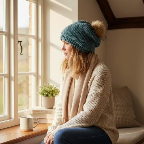 Bonnet laine yack bleu denim porté femme devant fenêtre - Madame de Marsac