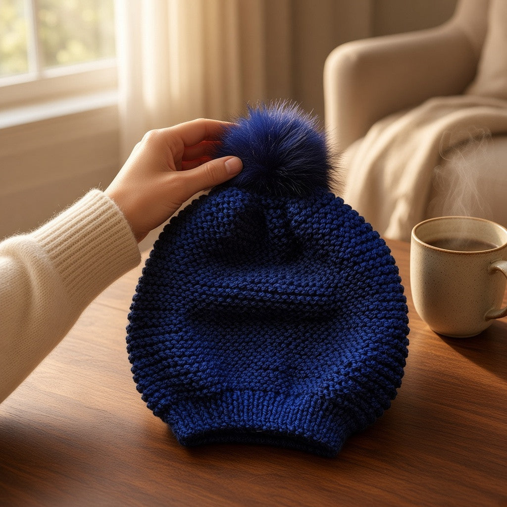 Bonnet laine yack bleu marine tenu devant fenêtre et tasse cafe - Madame de Marsac