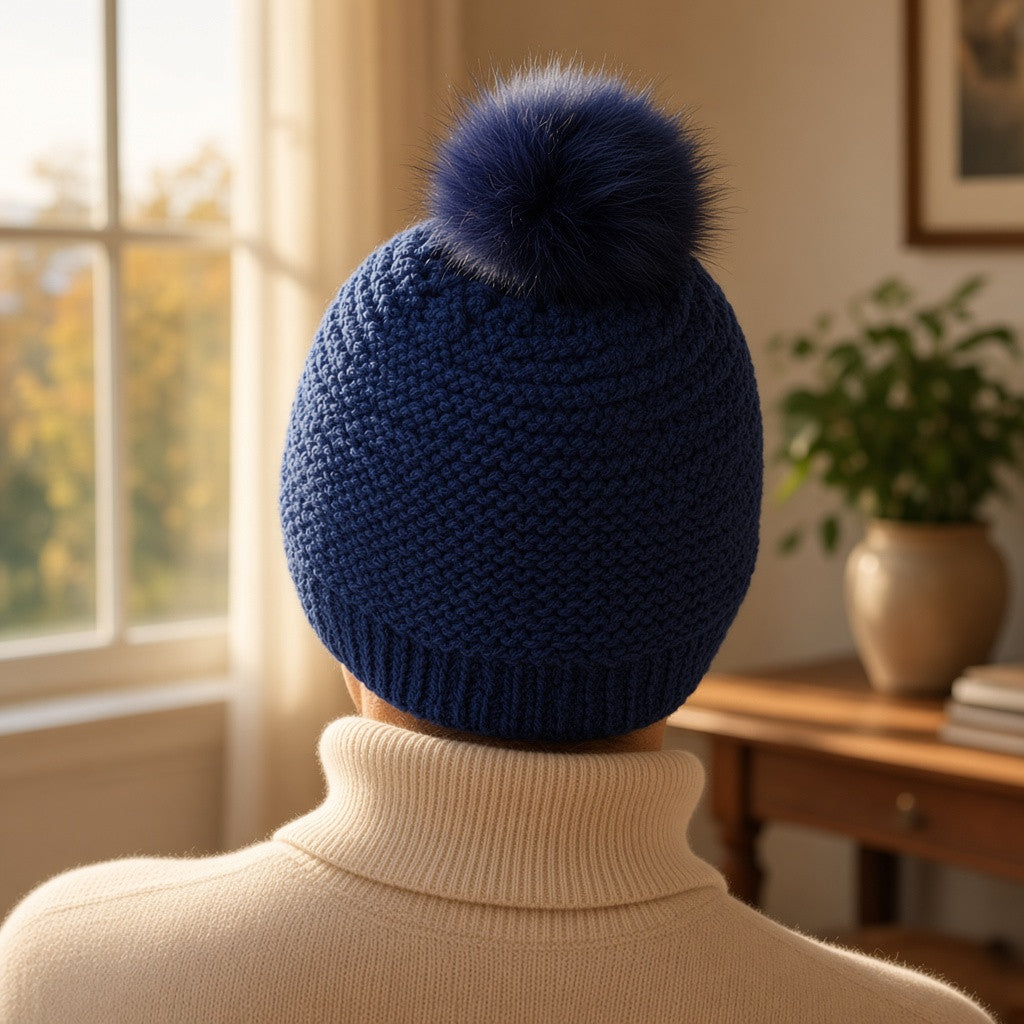 Bonnet - Laine & yack - Bleu marine - Pompon fausse fourrure - Pièce unique