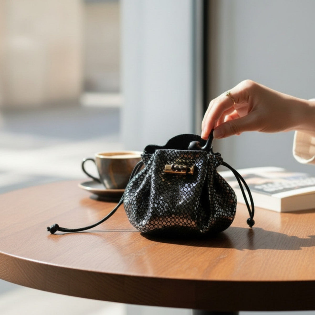 Bourse cuir noir imprimé serpent mise en situation - Madame de Marsac