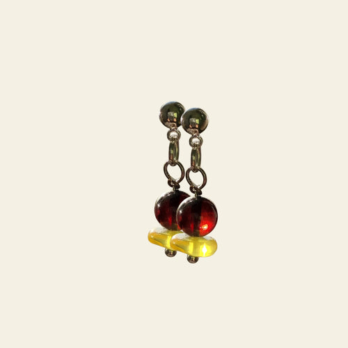 Paire boucles d'oreilles puces ambre grenat et citron argent - Madame De Marsac