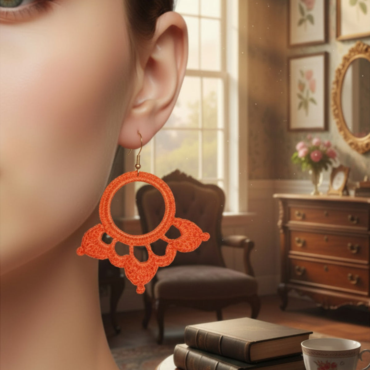 Boucles d'oreilles crochetées arabesques orange portées oreille - Madame de Marsac