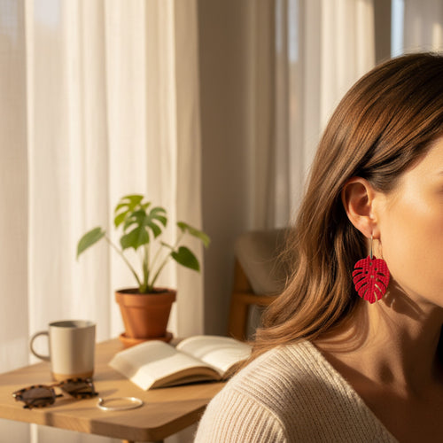 Boucles d'oreilles monstera cuir naturel rouge portées oreille - Madame de Marsac