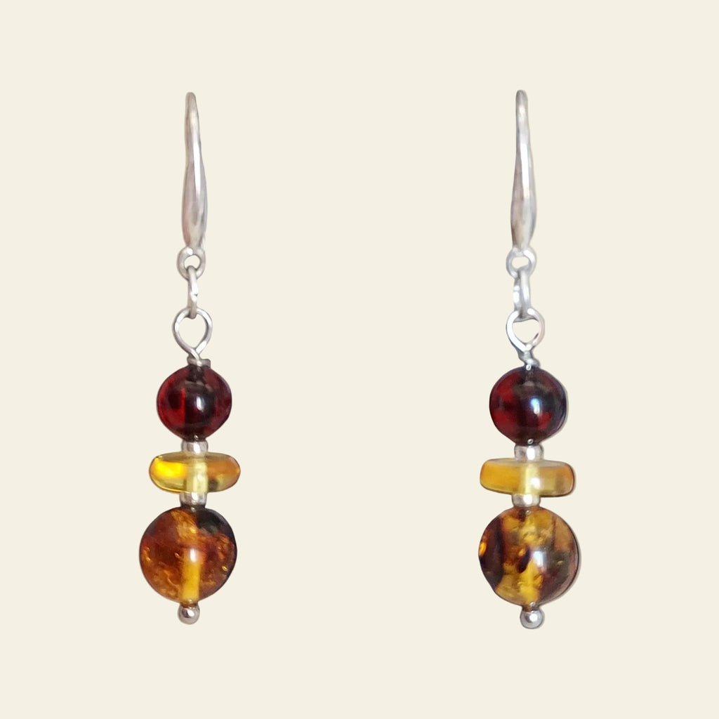 Boucles d'oreilles Trio ambre baltique cerise citron cognac argent 925 - Madame de Marsac