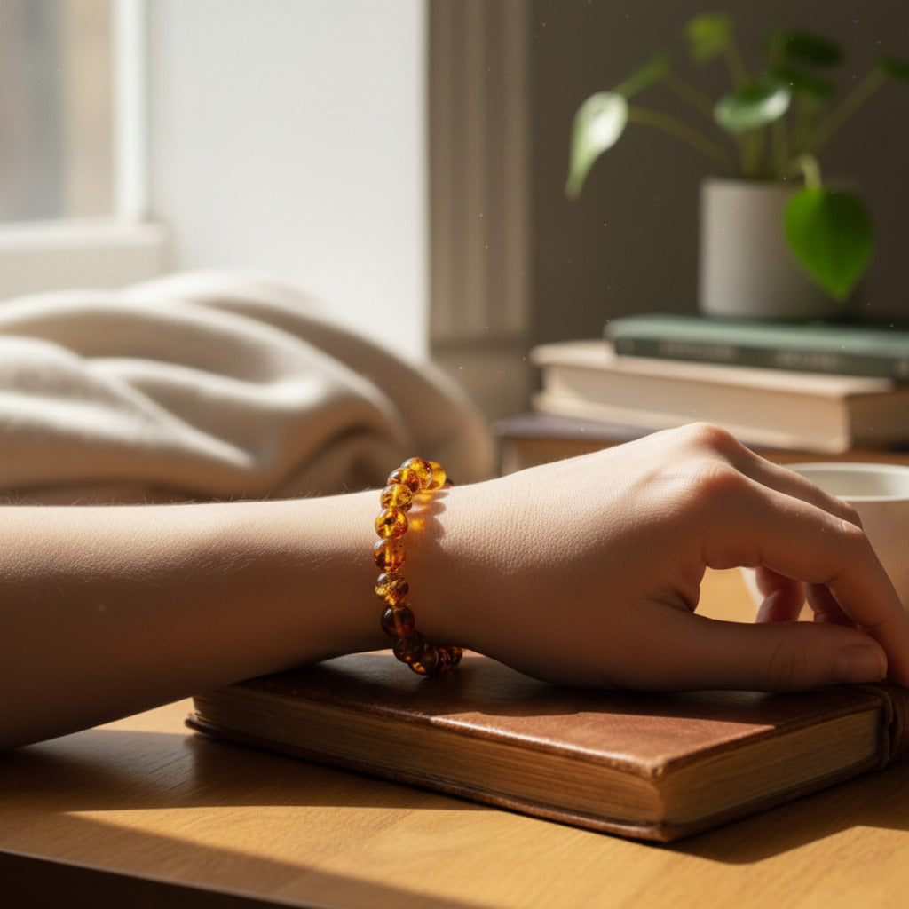 Bracelet ambre baltique miel porté poignet - Madame de Marsac