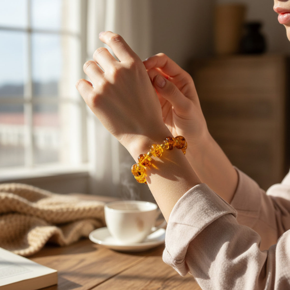 Bracelet ambre baltique laiton doré porté poignet - Madame de Marsac