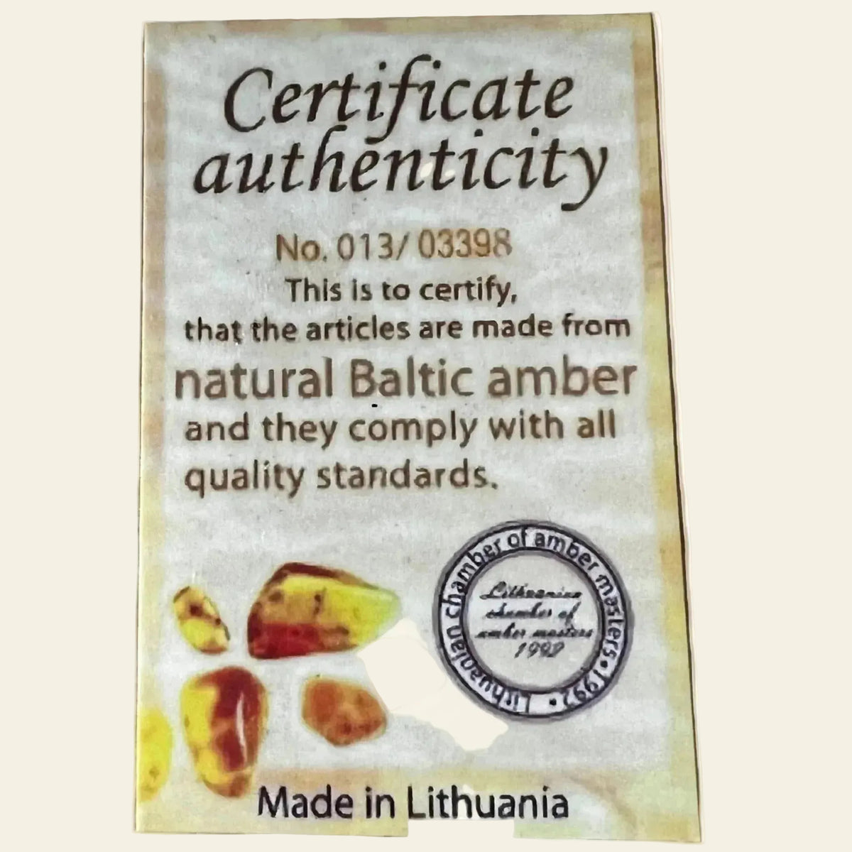 Certificat authenticité ambre baltique Lituanie - Madame de Marsac