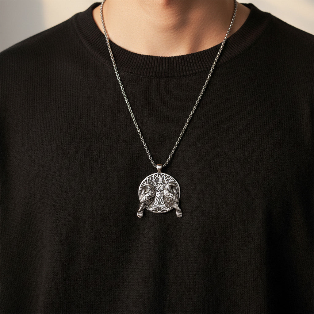 Collier corbeaux d'Odin porté homme acier inoxydable - Madame de Marsac