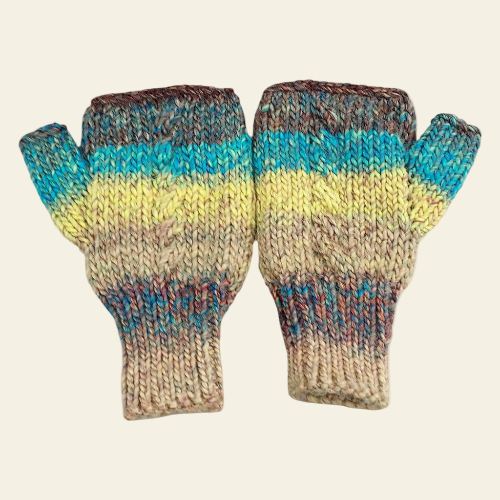 Mitaines tricotées acrylique dégradé bleu turquoise jaune citron beige pièce unique - Madame de Marsac