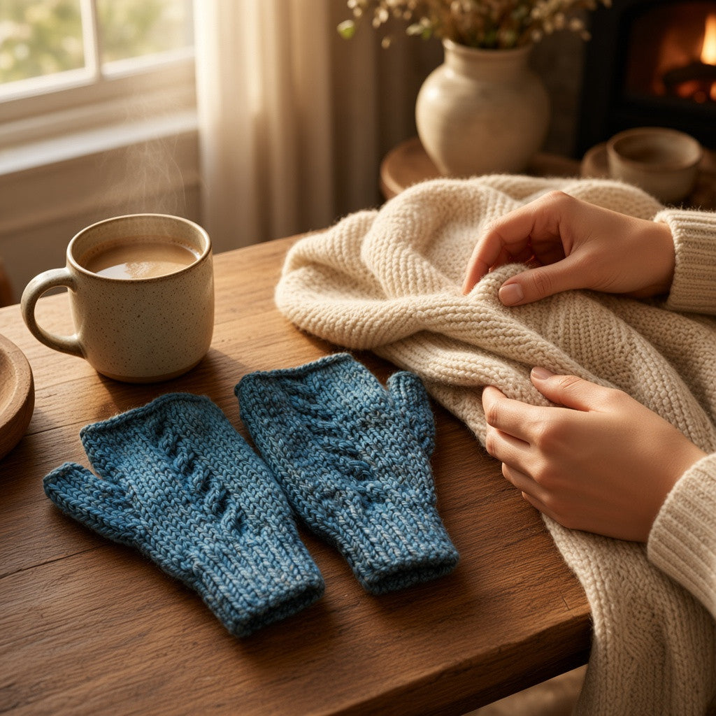 Mitaines - Laine & yack - Bleu denim - Torsades - Pièce unique