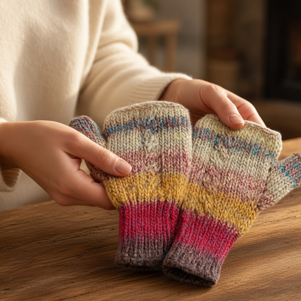 Mitaines tricotées dégradé multicolore tenues en mains ambiance chaleureuse — Madame de Marsac