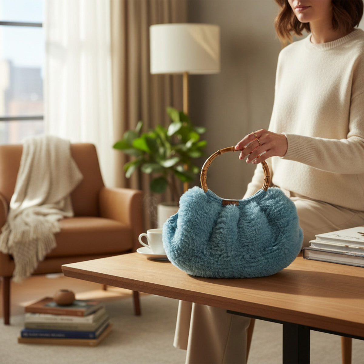 Sac boule fausse fourrure bleue ambiance intérieure - Madame de Marsac