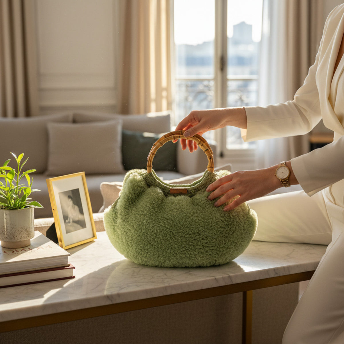 Sac boule fausse fourrure verte mise en situation intérieur - Madame de Marsac