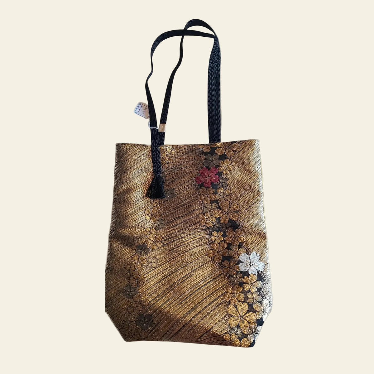 Sac obi kimono neuf fleurs cerisier dorées fond noir pièce unique - Madame de Marsac