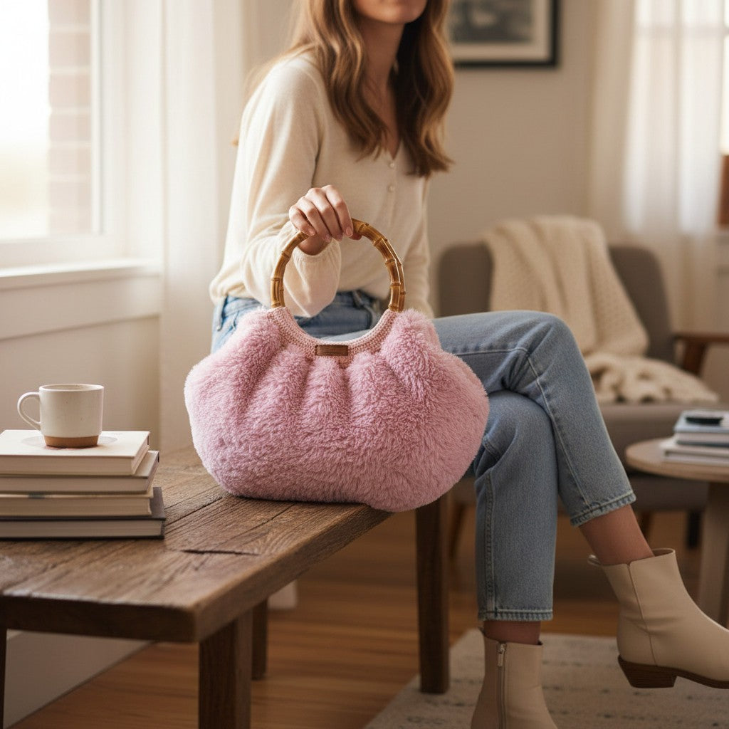 Sac boule fausse fourrure rose porté anses bambou ambiance - Madame de Marsac