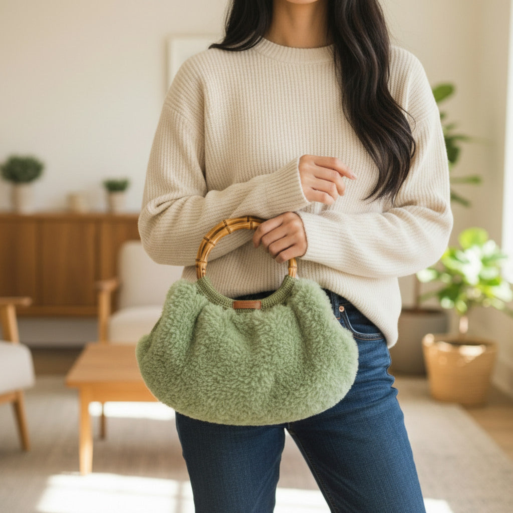 Sac boule fausse fourrure verte porté ambiance - Madame de Marsac