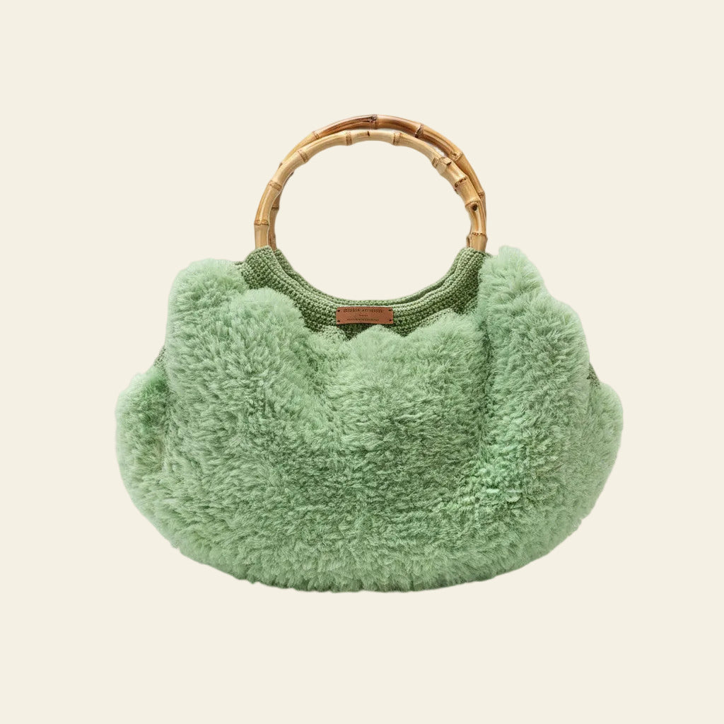 Sac boule fausse fourrure verte anses bambou - Madame de Marsac