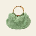 Sac boule fausse fourrure verte anses bambou - Madame de Marsac